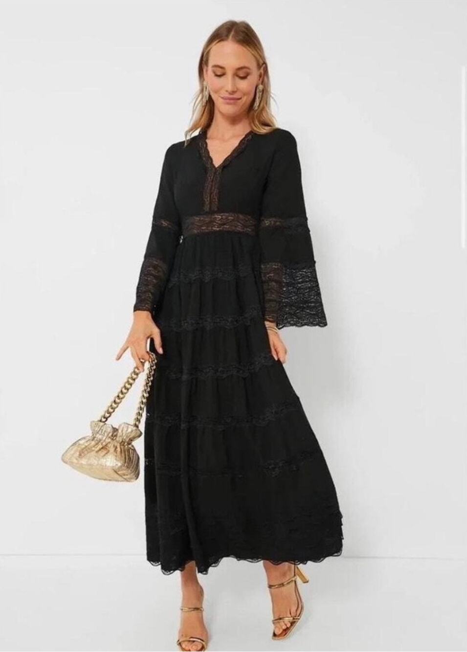 NEW Tuckernuck Hyacinth House Lydia Black Lace Maxi Dress with Bell Sleeves XS